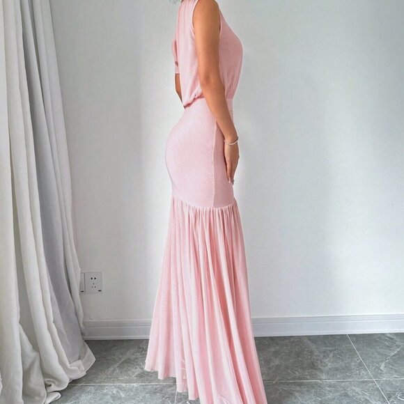 Pink Elegant Women's Summer Solid Color High Slit Oblique Shoulder Mesh Dress - Picture 5 of 6